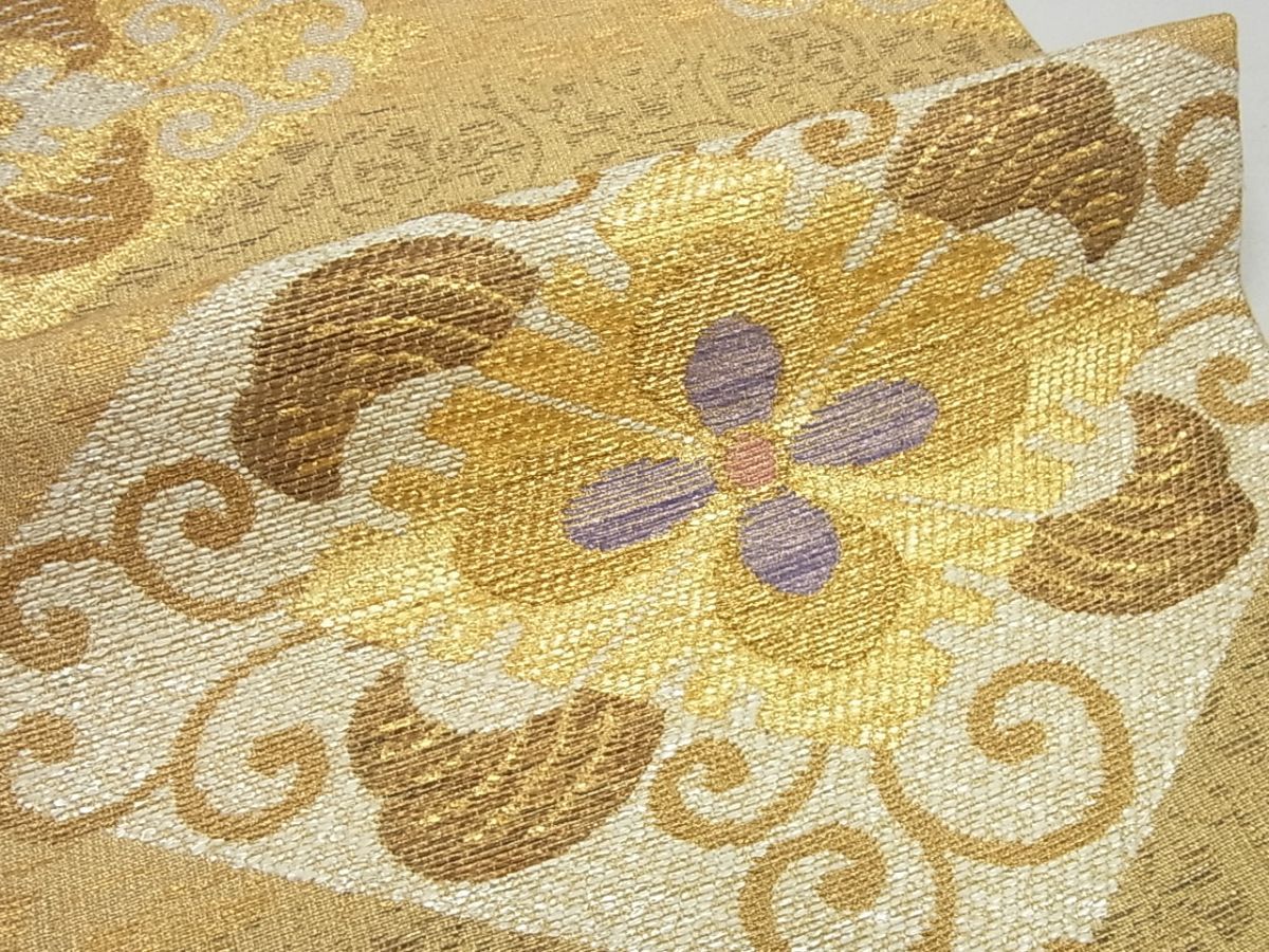 平和屋野田店■極上　洛風林　工芸帯地　六通柄　本袋帯　紬地　魚　逸品　BAAA3070zb4 平和屋本店□極上 洛風林 工芸帯地 六通柄袋帯 洋花文 逸品