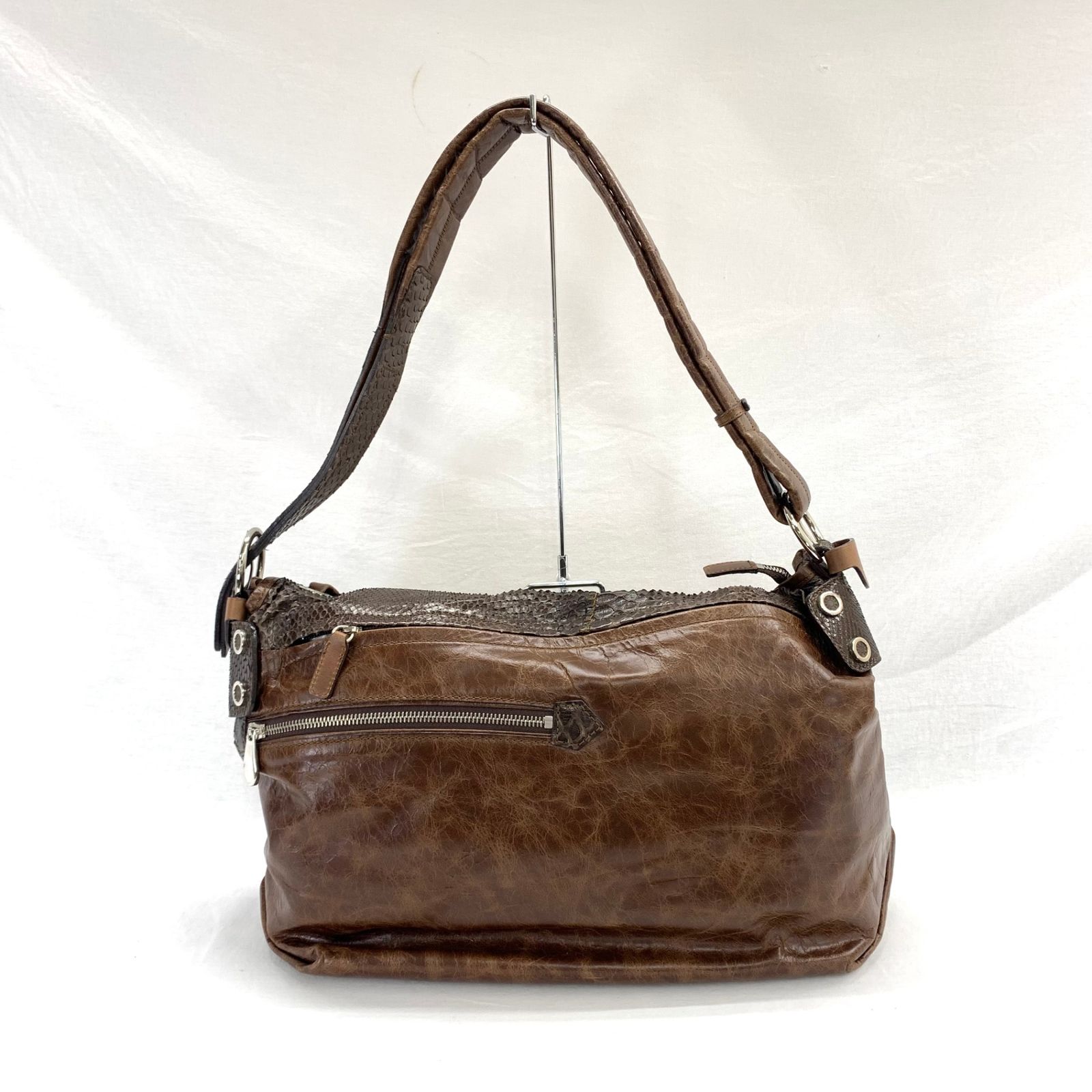 pelle borsa ペレボルサ レザーショルダーバッグ パイソン ブラウン 大  