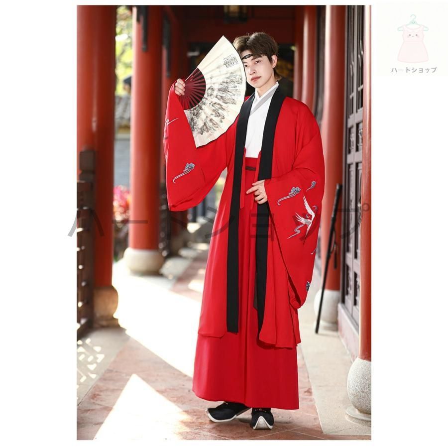 送料無料・30日間返品無料。 中華コスプレ衣装 メンズ 漢服 唐装 中華服 チャイナ服 中華衣裳 袴風 2点セット 3点セット 鶴刺繍 エスニック 留袖羽織 細袖ブラウス スカ 送料無料も!