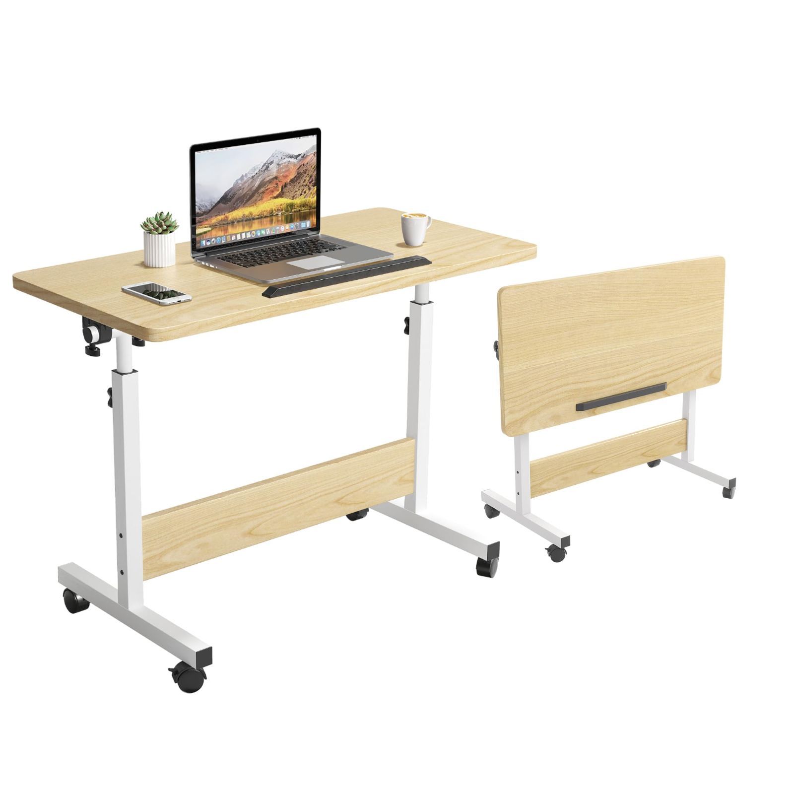 サイドテーブル 高さ調節 キャスター付き 折りたたみデスク 省スペース スタンディングデスク ベッドテーブル 昇降デスク パソコンデスク おしゃれ KUKER 天板角度調節可能 幅80cm×奥行40cm×高さ65～87cm（ナチュラル）