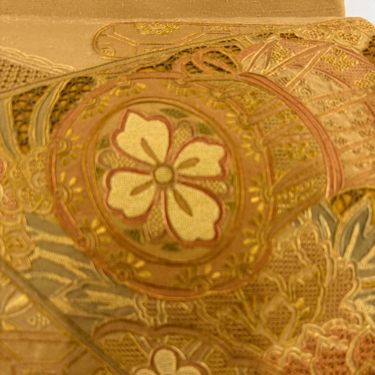 [極美品] 袋帯　正絹　お太鼓柄　茶色　扇　桜　菖蒲　洒落帯　カジュアル　小紋 000000054032_NJvbNyS.jpg