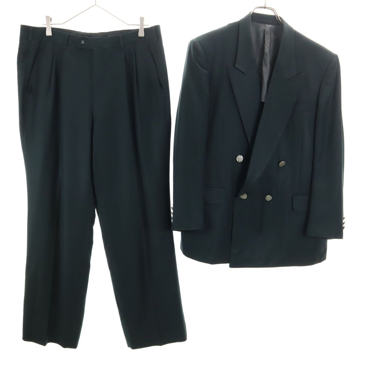 LANVIN ランバン 90s ウール オールド スーツ 上下 セットアップ ST48-55 ネイビー系 ダブルボタン メンズ 古着