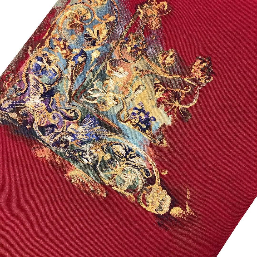 名古屋帯 抽象花模様 真紅色 金銀糸 O-5564