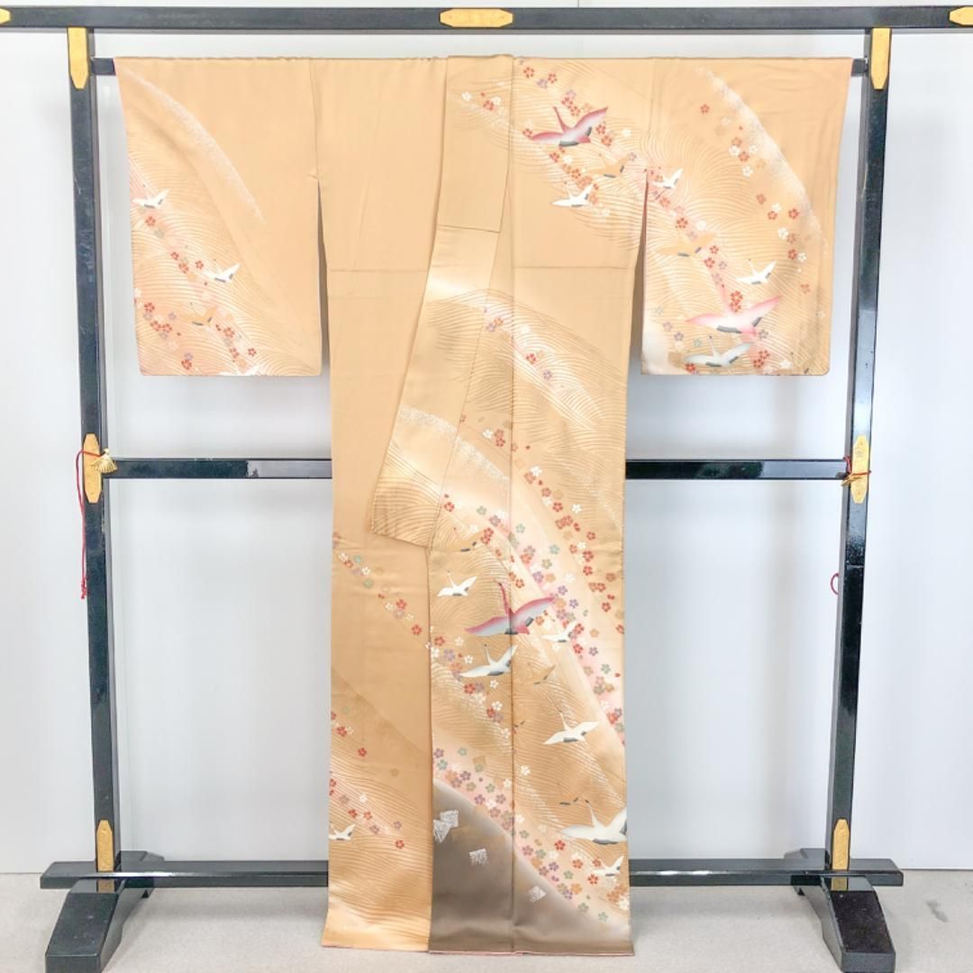 MK-1248 訪問着 暈し 飛翔鶴 緋色 金彩 しつけ糸