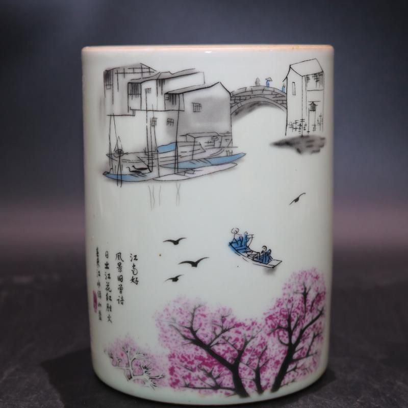 パステル上善若水筆筒 景徳鎮 陶磁器 装飾品 現代工芸品 美術品 置物 水滴
