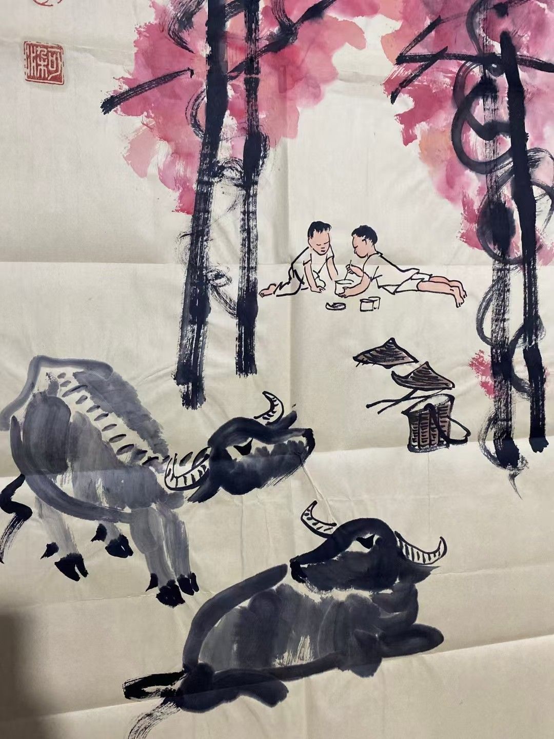 中国古美術. 旧蔵.李可染款.手描き.牧牛圖.書道品.宣紙水墨畫.賞