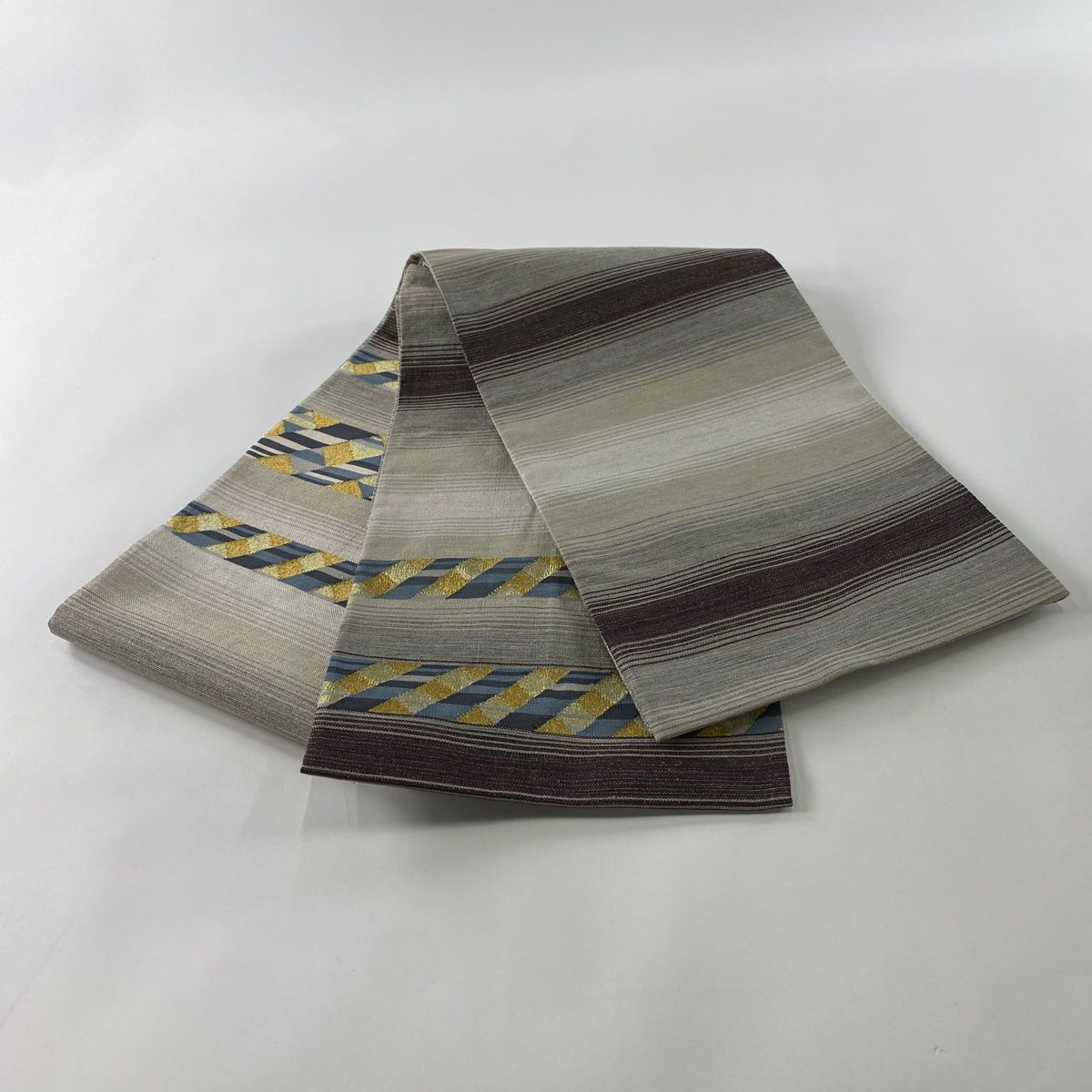 袋帯 段縞 斜縞 金糸 綴れ ベージュ お太鼓柄 正絹 MERCADOAVALIA_COM_BR