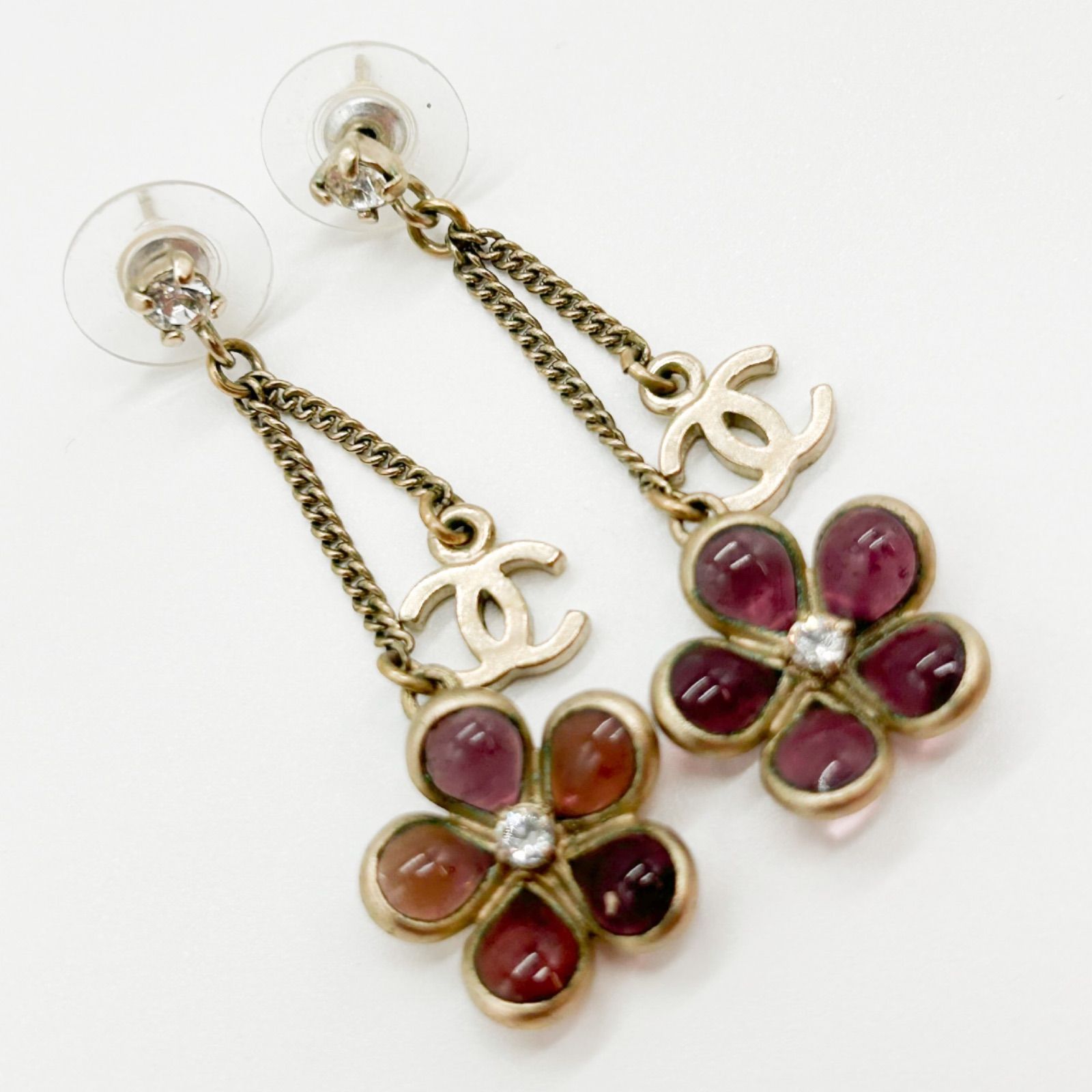 CHANEL シャネル ピアス フラワー ココマーク スイング カラーストーン ソフトゴールド パープル 07A アクセサリー レディース