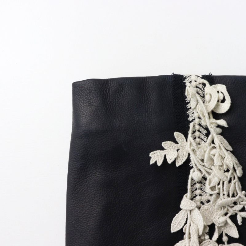 ミナペルホネン mina perhonen forest parade 刺繍レース カーフレザー 巾着 バッグ ブラック|黒 フォレストパレード 2400014416879