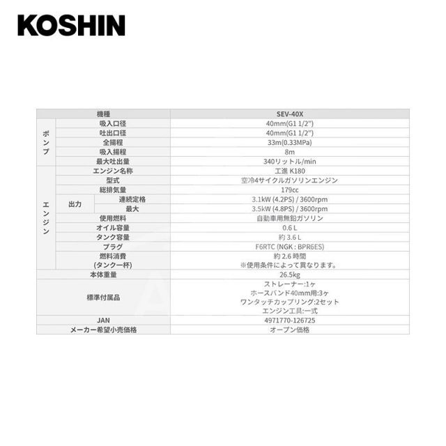 KOSHIN 工進 ハイデルスエンジンポンプ 工進エンジン搭載 SEV-40X SEV-40X-AAA-0