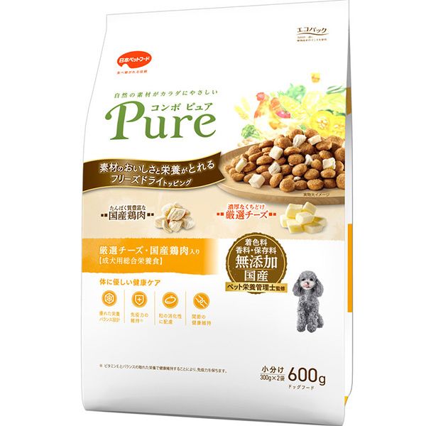 【同梱】【3個セット】 日本ペットフード コンボ ピュア ドッグ 厳選チーズ・国産鶏肉入り 600g