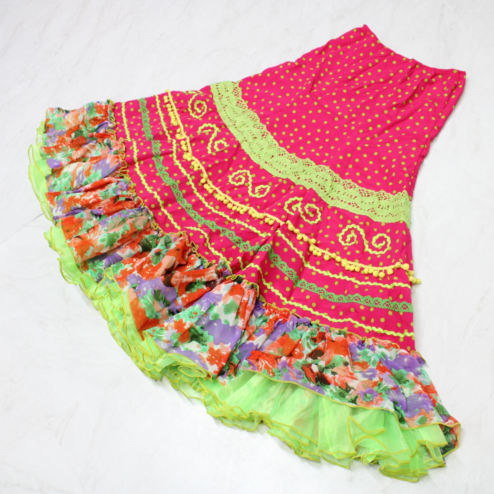 美品 フラメンコ衣装】ピンク ファルダ スカート ボランテ ドット 水玉