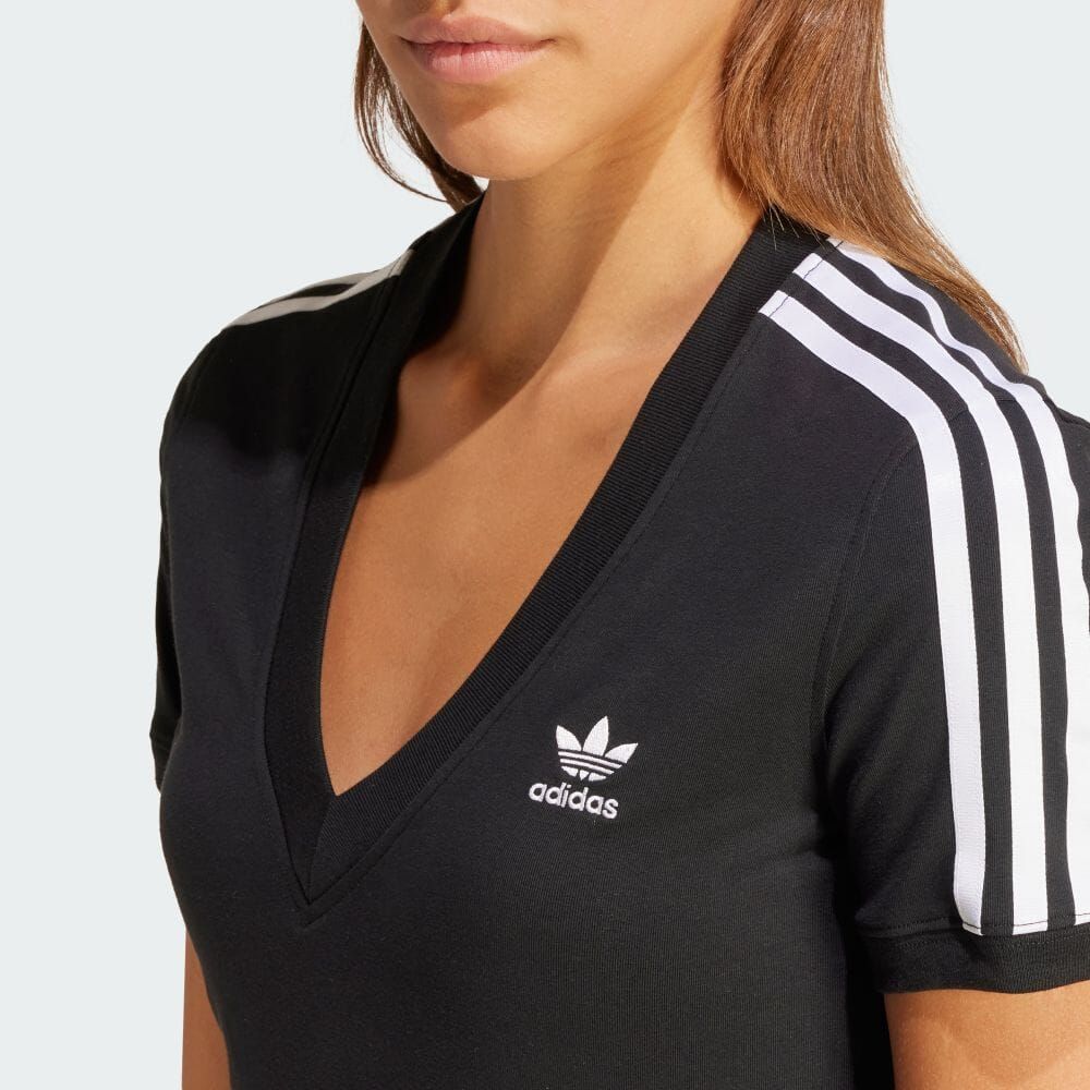 (アディダスオリジナルス) adidas Originals スリーストライプス Ｖネック スリム半袖Ｔシャツ レディース KMZ73 IU2416 WOMEN 3-STRIPES V‐NECK SLIM SHORT‐SLEEVE BLACK