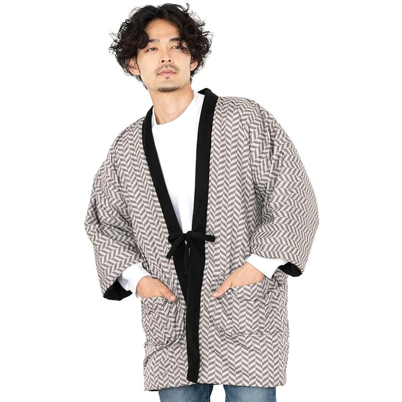 [KYOETSU] [キョウエツ] 半纏 はんてん メンズ 冬 フリース (8.灰矢絣， M)