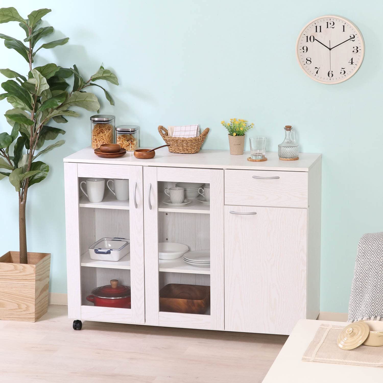 在庫 ホワイト オーク 木目調 幅115.2×奥行39.8×高さ84㎝ キャスター付き キッチン収納 食器棚 86963 不二貿易 NOITHATQUANGTHANH_NET