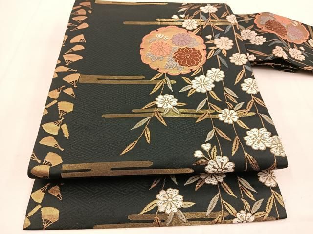 平和屋着物●九寸名古屋帯　唐織　雪輪花文　黒地　金糸　正絹　逸品　DAAU5944ps 平和屋着物○九寸名古屋帯 唐織 雪輪花文 黒地 金糸 正絹 逸品