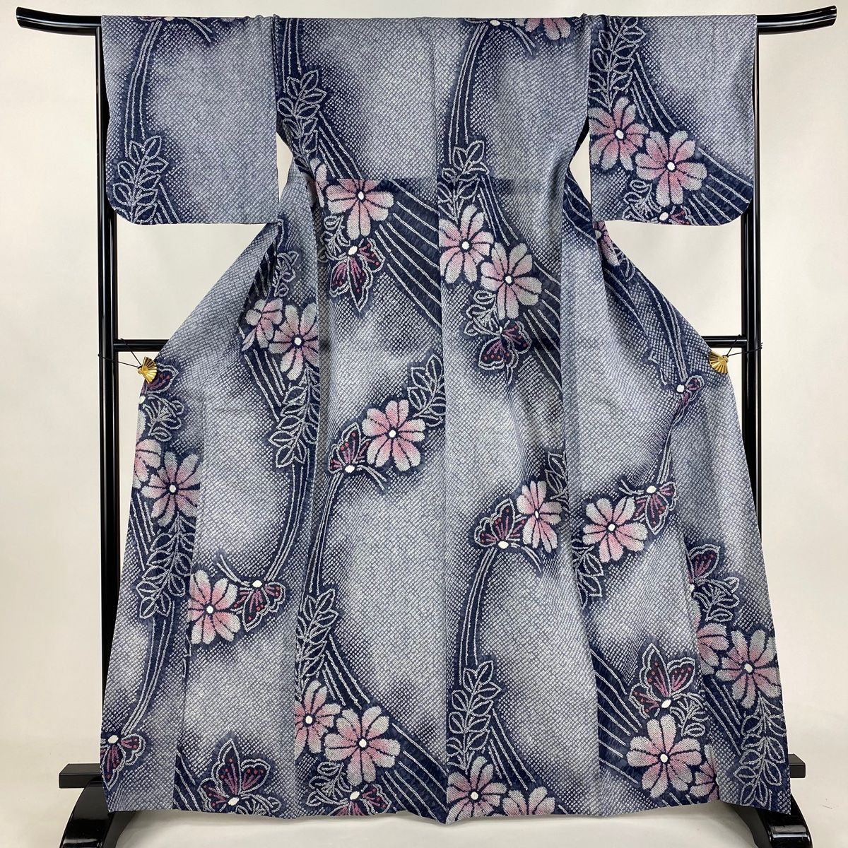 浴衣 身丈166cm 裄丈65cm M 絞り浴衣 草花 青灰色 綿 名品