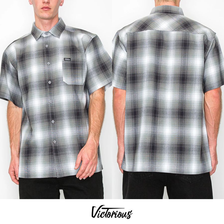 VICTORIOUS LA PLAID SHIRTS GRAY M L XL 西海岸 ウェッサイ チカーノ オンブレ オンブレチェック チェックシャツ プレイドシャツ オープンシャツ ボタンシャツ 半袖 ショートスリーブ