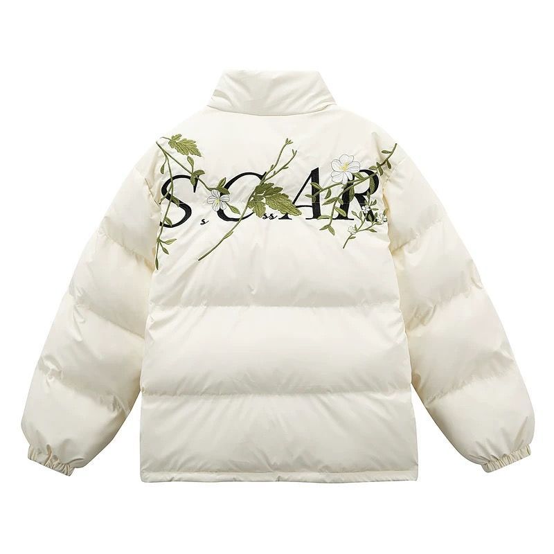 ♥ h ヨーロピアンストリート風 フラワー刺繍 立ち襟 中綿ジャケット｜ユニセックス 厚手 冬用 カップルコーデ