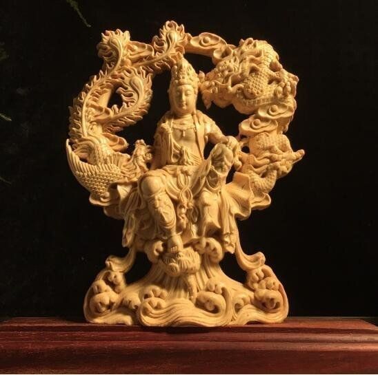 大型 龍乗り　観音菩薩 木彫　仏像 彫刻　開運　風水　置物　縁起物　インテリア 観音菩薩 木彫 縁起物 細密彫刻 龍鳳呈祥-自在観音 仏像 置物