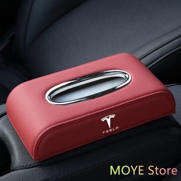 テスラ TESLA 車用ティッシュボックス　高級ティッシュケース 　車内収納ケース　磁石開閉 　カバー ロゴ入り　防水 レッド