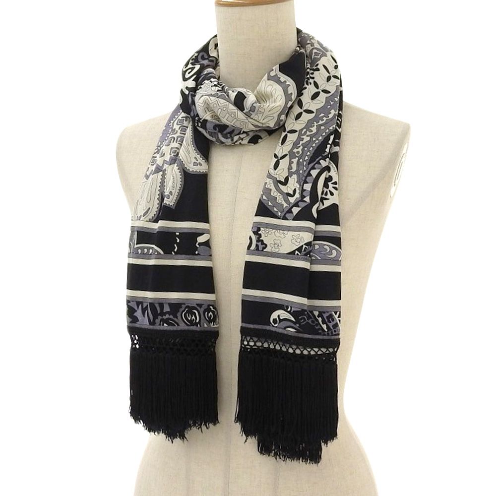 美品✨️レオナール●ストール●シルクウール●総柄●ボタニカル●フリンジ●ネイビー 超美品 レオナール LEONARD ペイズリー ボタニカル シルク40