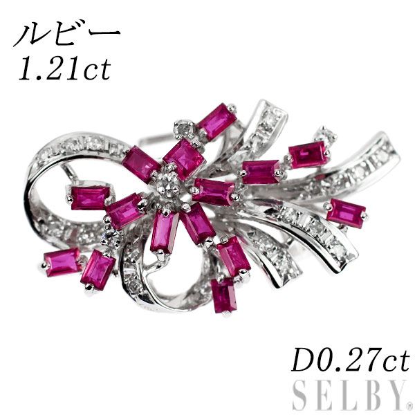K14WG ルビー ダイヤモンド 帯留め 1.21ct D0.27ct