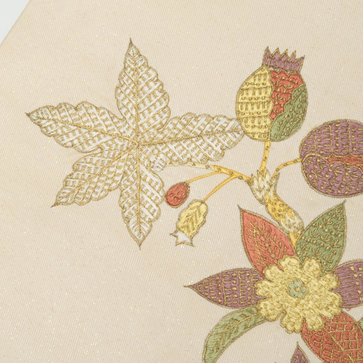 名古屋帯 刺繍 モダン 花更紗柄 クリーム色 西陣織 正絹 九寸