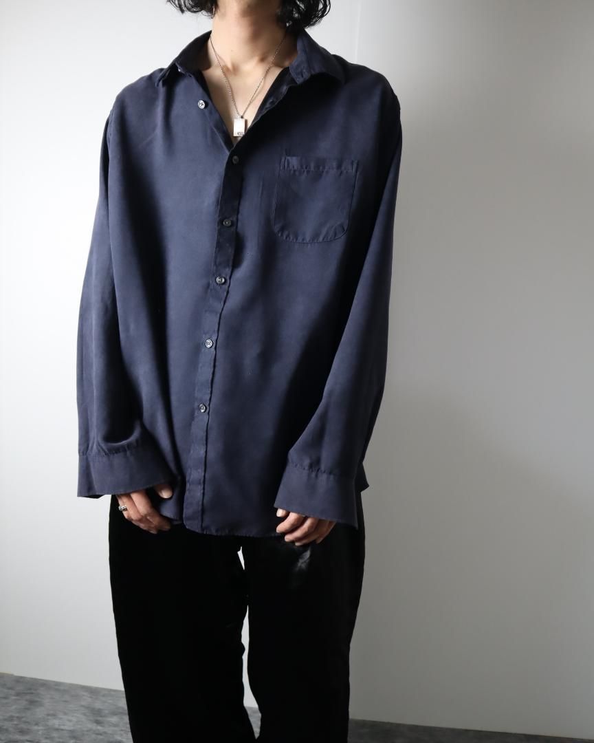 【vintage】とろみ フェイク スエード ルーズ 長袖シャツ 濃紺 XL