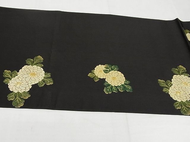 平和屋本店□最高級 龍村平蔵製 丸帯 追粉菊錦 黒地 金糸 正絹
