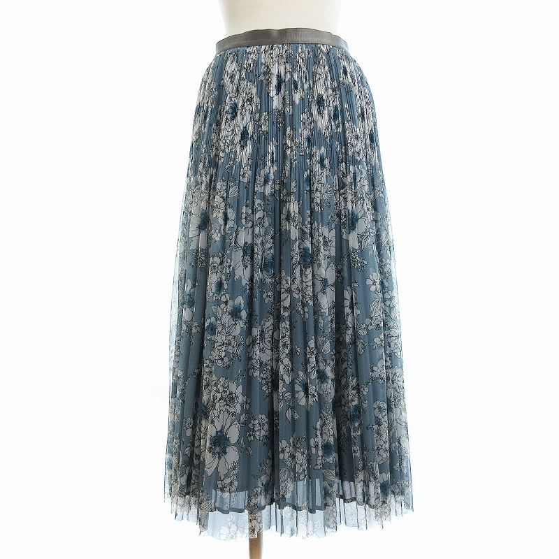 レリアン Leilian 美品 チュールスカート ロング フレア 花柄 9 青 