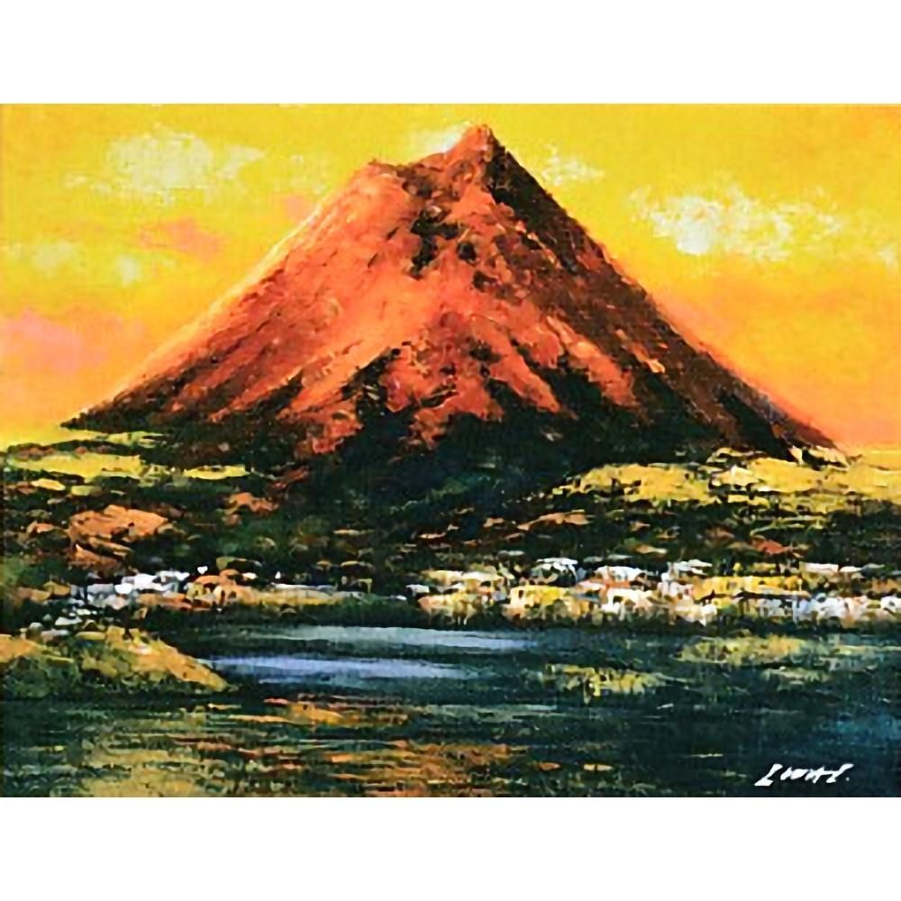 ☆ 岩井景文『赤富士（F10号）』油彩画・油絵 風景画 富士山 湖面