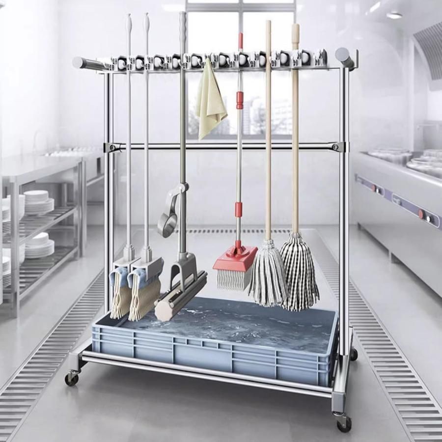ほうきとモップホルダー掃除用具入れ 濡れたモップを移動 床取り付けモップラック 床置き掃除ツールカートストレージ ガーデン ガレージ 学校 病院 工場