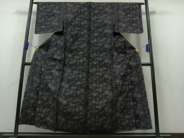 平和屋着物▽上質な紬 単衣 型染め 鶴 勝虫 正絹 逸品