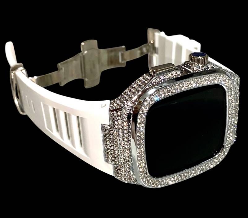 アップルウォッチケース 互換性カスタム カバー 保護 ギフト AppleWatch42 44 45 46 キラキラ ベルト レザー バンド series 4 5 6 7 8 9 10 11 se1 2 3 roze ホワイト