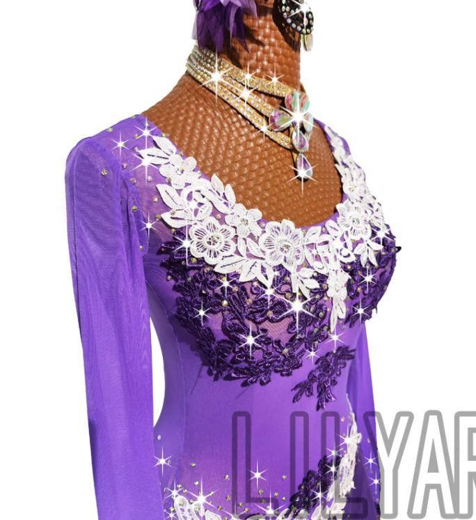 社交ダンスドレス モダンダンス 花 刺繍 高級 パープル オーダーメイド