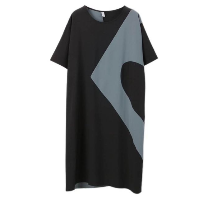 大人可愛いバイカラーストレートワンピース 膝丈 袖あり 半袖 襟なし I