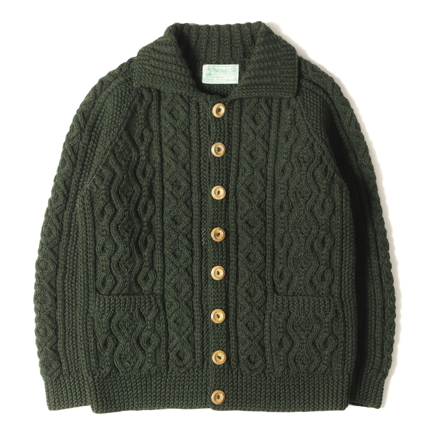 美品/ INVERALLAN インバーアラン 緑タグ 4Ａ ピュアウール クルーネック カーディガン ブラック メンズ 極美品✨インバーアラン カーディガン ハンド ニット 3a ウール 肉厚