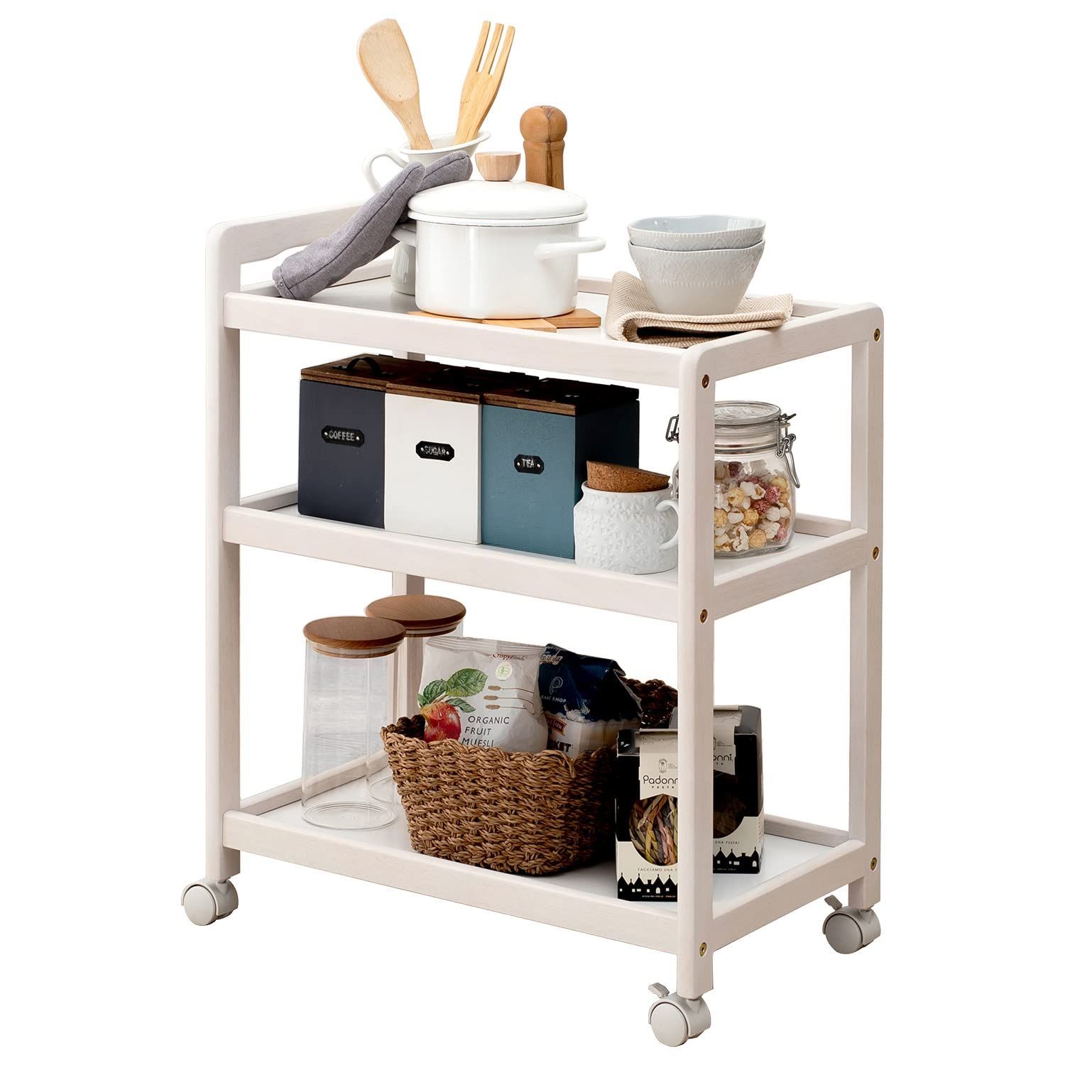 キッチンワゴン 隙間 収納 カート 3段 天然木 萩原 耐荷重 15kg 大容量 キャスター 取っ手 付き 幅59 奥行34 高さ72.5 ホワイト VW-7977WS