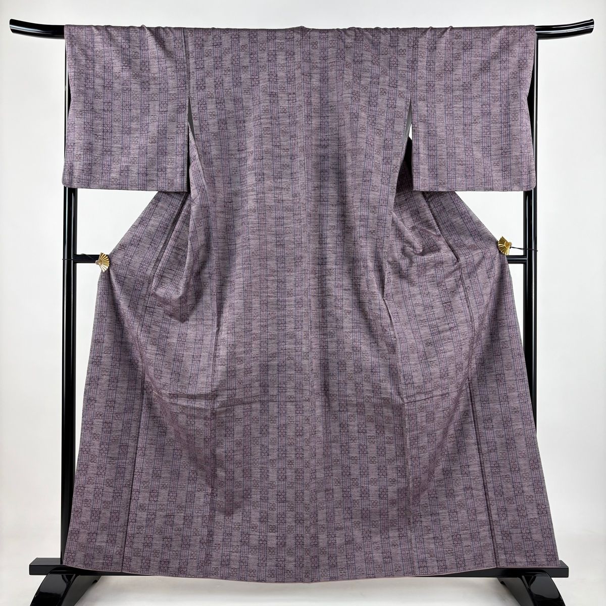 紬 身丈161cm 裄丈67cm M 袷 縞 幾何学模様 灰紫 正絹 秀品
