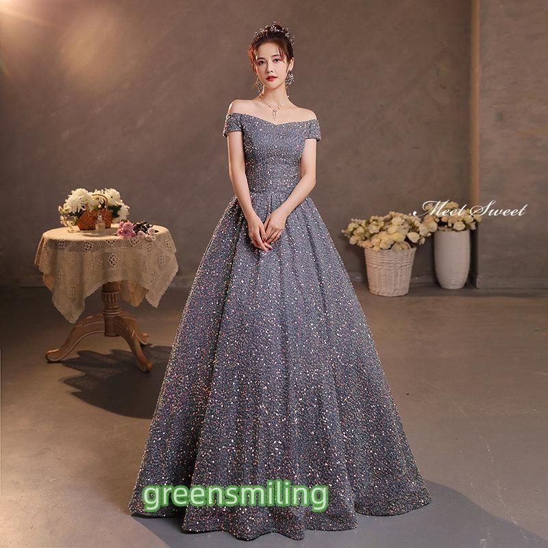 ドレス Aラインドレス ロングドレス グレー スパンコール オフショルダー ウェディングドレス 結婚式 二次会 花嫁 前撮り 演671人気急上昇
