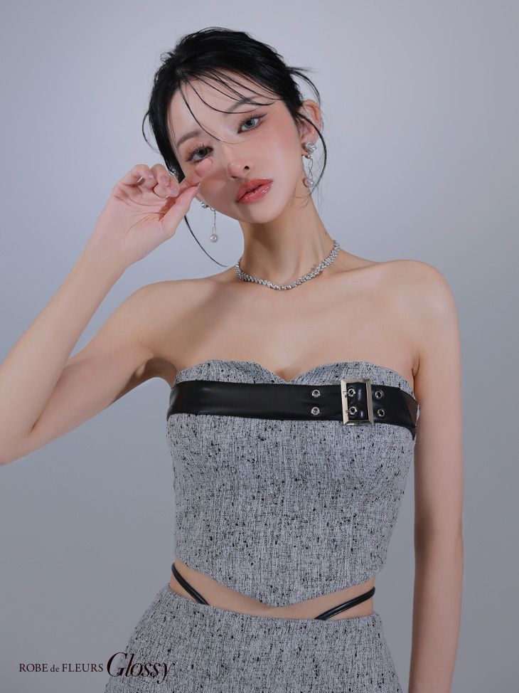 ローブドフルール ドレス グレー XSサイズあり【Glossy/グロッシー】ビジュー/ 刺繍/ サイド