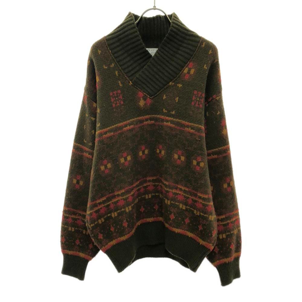 ランバン スタジオ 90s ウール オールド 総柄 長袖 ニット 48 カーキ系 LANVIN studeo セーター メンズ