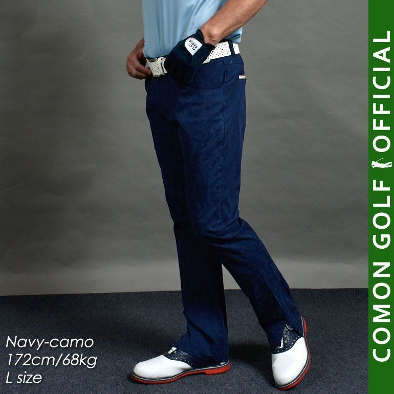新品【COMONGOLF/コモンゴルフ】スリット入りストレッチローライズゴルフパンツ/ネイビーカモフラ(CG-GI013)ゴルフウェア メンズ パンツ 春 秋 ロングパンツ ズボン ライン ゴルフウエア スリム 