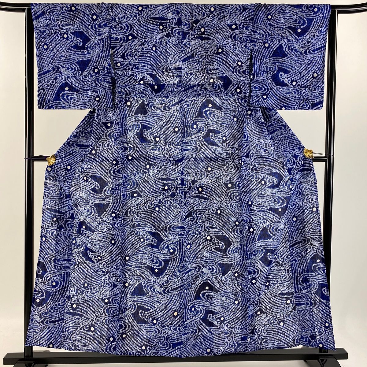 浴衣 身丈156.5cm 裄丈63cm S 絞り浴衣 波頭 紺色 綿 名品