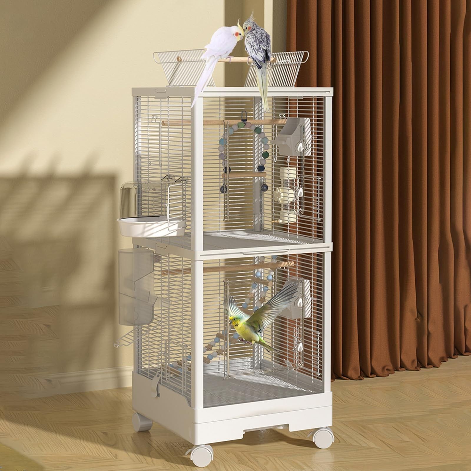 人気商品 透明アクリル製ドア＆多機能拡張口 文鳥|インコ|斑文鳥|モモンガ対応 鳥かご ダブルロック式設計 簡単清掃 ダブルレイヤーオプション 45×45×99cm