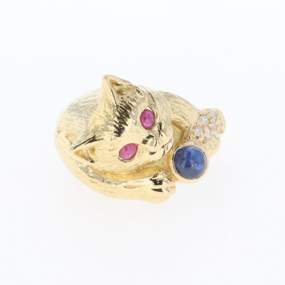 ネコモチーフ デザインリング K18 イエローゴールド メレダイヤ 指輪  