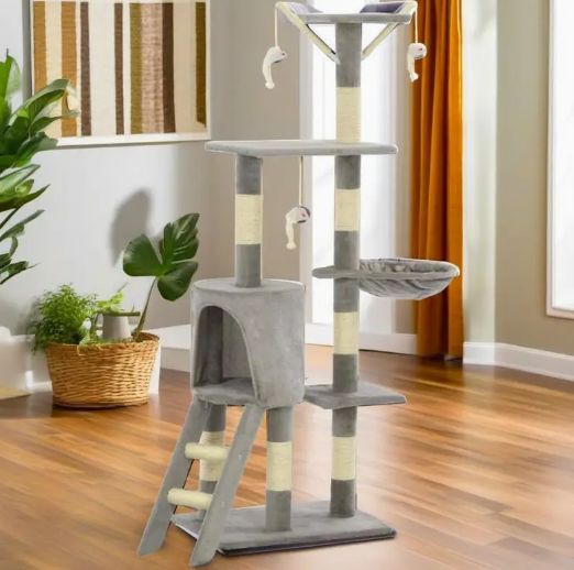 デラックスグレーキャットツリー シサルスクラッチポスト付き - 138cmマルチレベル屋内キャットファニチャー ハンギングトイ付きプラッシュコンド＆プレイセンター - アクティブな猫に最適 キャットデコ