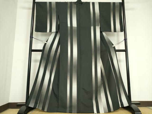 平和屋着物▽小紋 単衣 間道 黒地 洗える着物 ♥ DAAV5735az