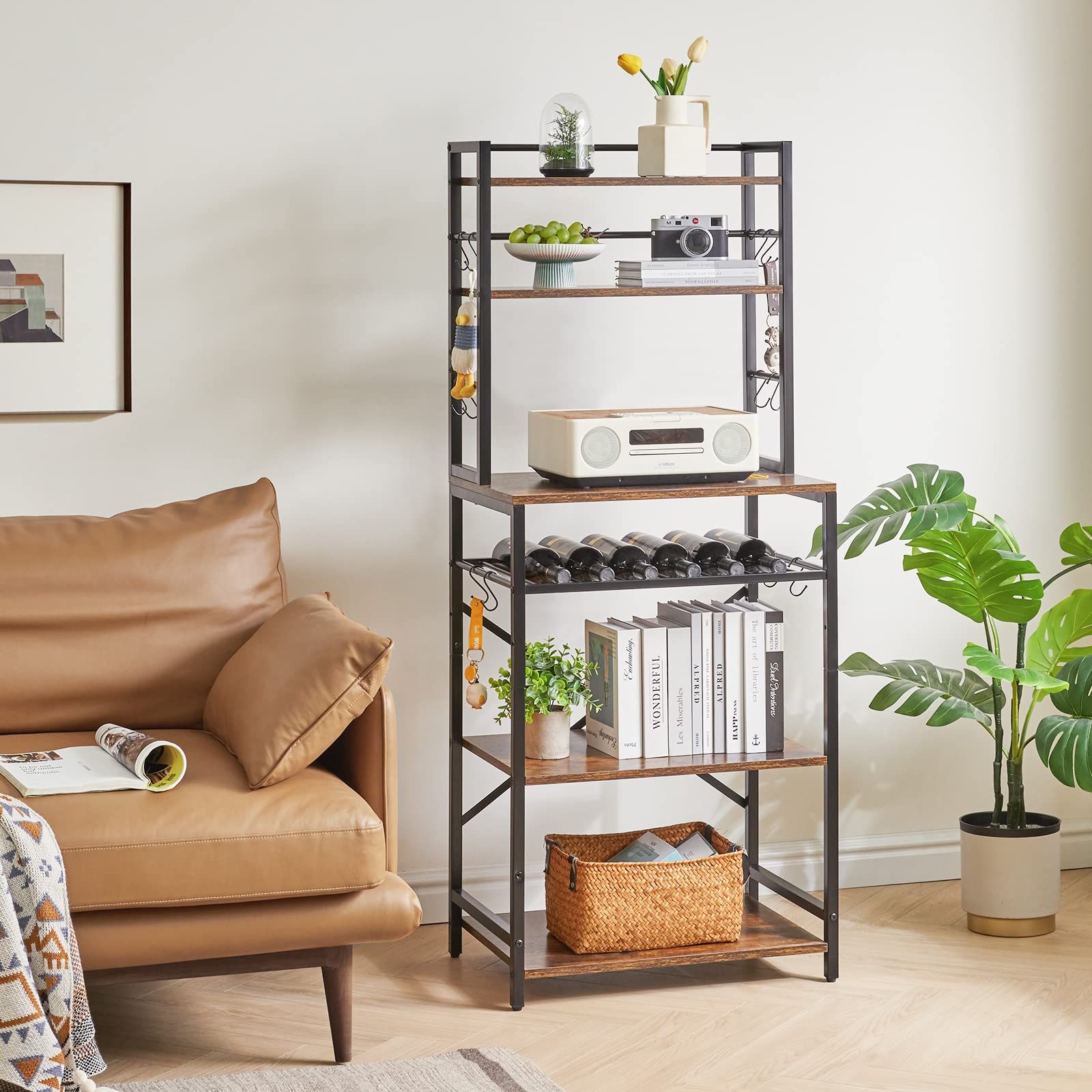 工業用コーヒー バー 大型レンジ対応 ステーション 6層 調節 なワイン ホルダーと12個Ｓ字ラックを付き レンジ台レンジボード 幅58×奥行39×高さ144cm 茶色 YMYNY JPHBR003H